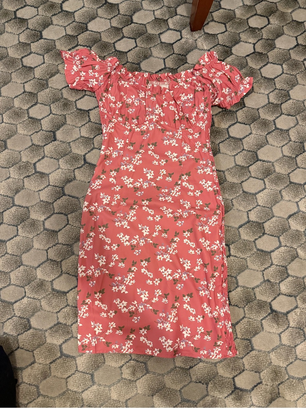 Floral Off-Shoulder Midi Dress in Coral Pink